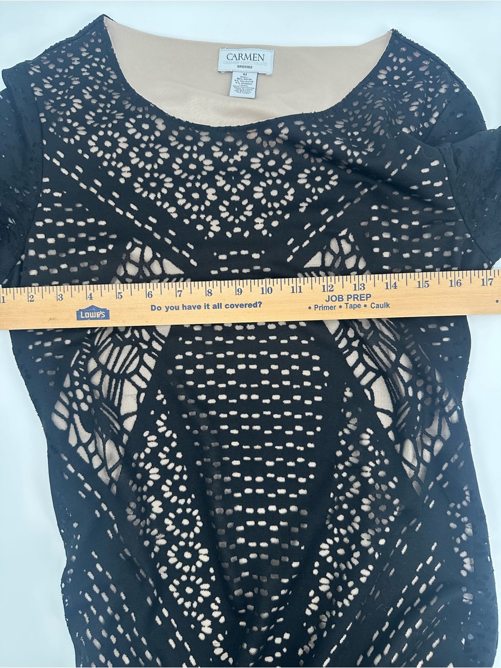 Carmen Marc Valvo Black Lace Sheath Dress Medium Nude Lined Midi Cocktail 1240 - Picture 6 of 10